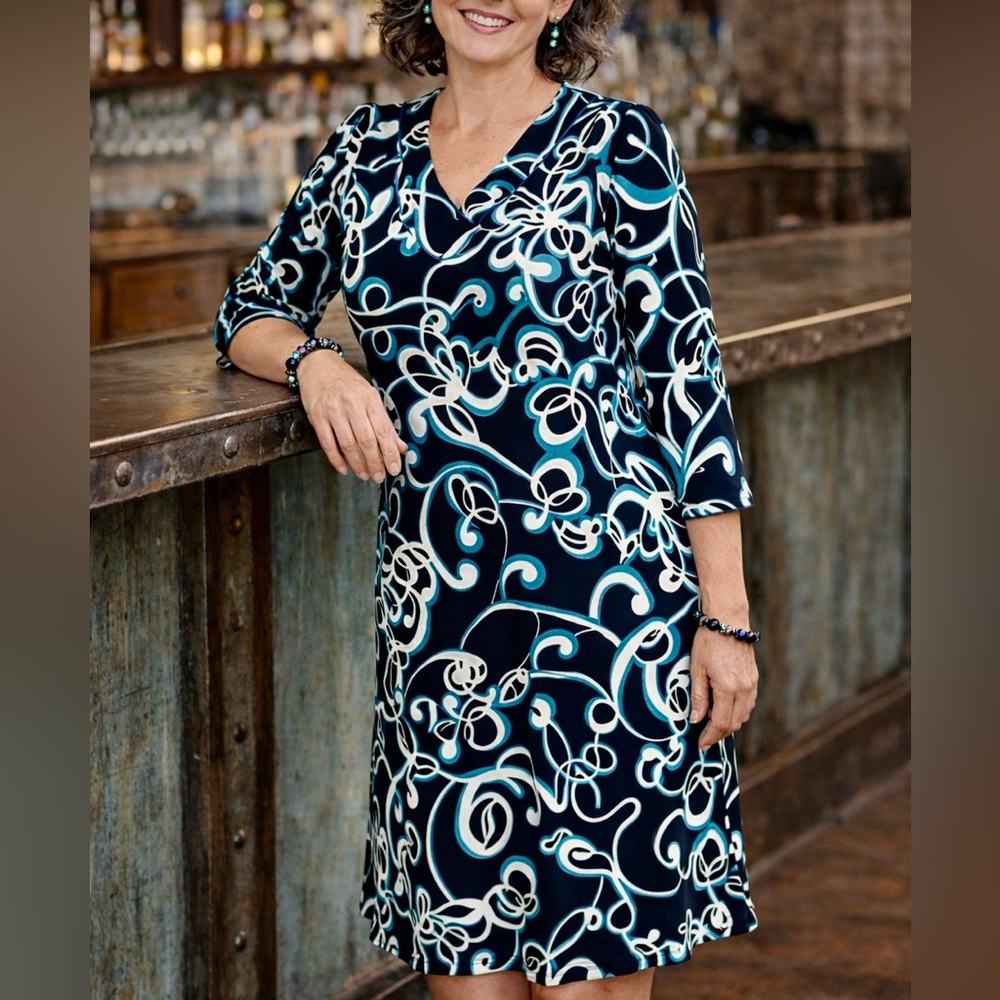 Chico’s Black & Turquoise Paisley Easy Care Dress- Chico's Size 1 = Size 8/10